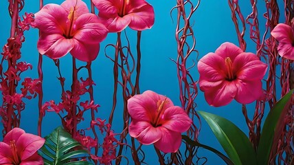 Vibrant pink hibiscus flowers bloom against a bright blue background with intricate red vines and green leaves