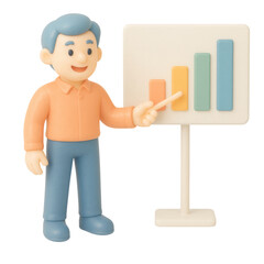 3D claymorphic illustration of businessman presenting bar chart with pointer, isolated on transparent background