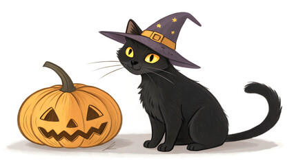 halloween, black cat in witch hat with pumpkin on white background