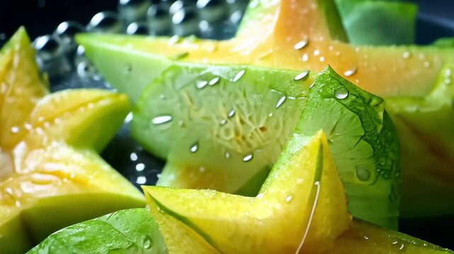 Freshly washed tropical star fruit displayed in vibrant colors with water droplets on a dark surface, Close up of the freshly washed tropical starfruit, thirst quenching and good for the lung