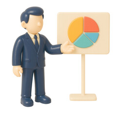 3D claymorphic illustration of businessman presenting pie chart, isolated on transparent background