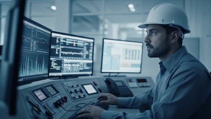 Advanced control room monitoring by a technician analyzing multiple screens at industrial facility - Powered by Adobe