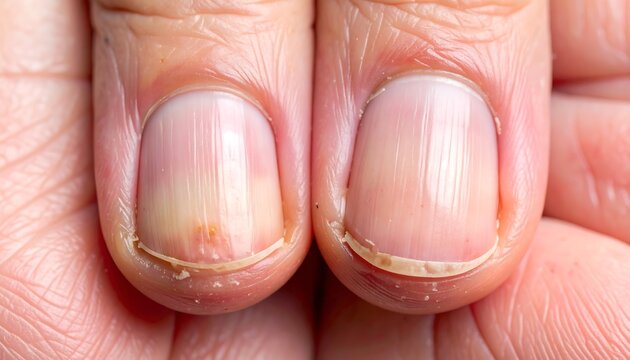 Close-up of two fingernails showing discoloration and damage