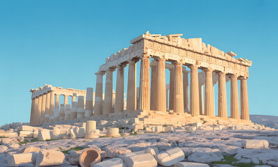 Fototapeta premium The ancient Parthenon and ruins stand bathed in golden sunlight against a clear blue sky.
