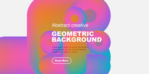 Vibrant abstract shapes overlap white space. Text promotes geometric background design, includes call to action button. Modern, colorful presentation.