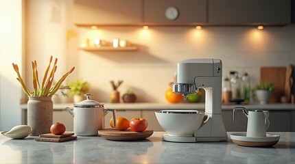 Obraz premium Modern Kitchen Counter with Mixer and Fresh Fruits in Warm Lighting