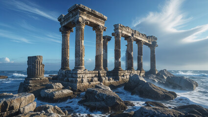 Ancient ruins by the sea with dramatic waves