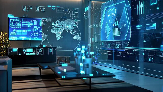 Smart home AI technology showcases connected devices in modern living room, Modern smart home, AI scan of connected home gadgets, infographics