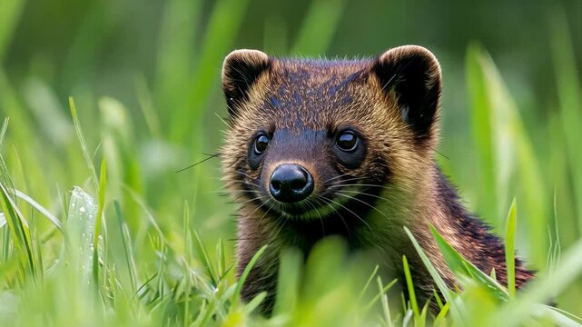 Wild wolverine emerging from summer grass in a natural habitat surrounded by greenery, Wild wolverine in summer grass