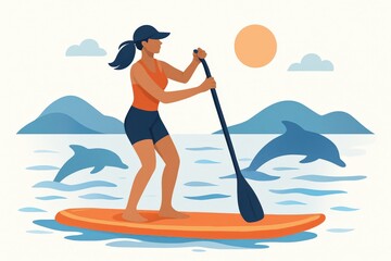 Young woman paddleboarding on tranquil waters with playful dolphins against a vibrant mountain backdrop under a golden sun embodying adventure and freedom in a vivid oceanic setting