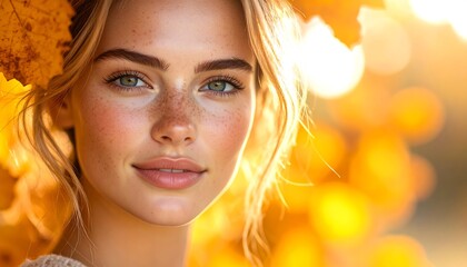 Fototapeta premium Close-up of a woman with radiant skin, autumnal background