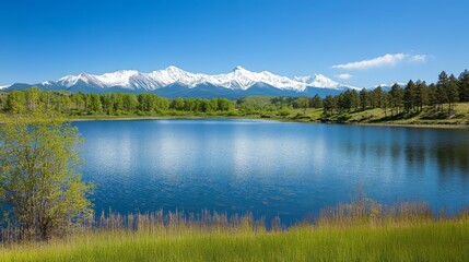 Wide-angle view of a serene lake with snow-capped mountains in the background