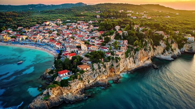 Majestic sunset over Mizithres island and Zakynthos coastline reveals vibrant colors and serene waters, Zakynthos Greece sunset aerial view Mizithres island of Keri cape