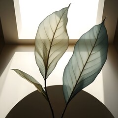 Ethereal Skeleton Leaves in Beige/Green/Slate Blue with Gold Ink Patina - Minimalist Wabi-Sabi Watercolor Botanical Art on Cream Gradient