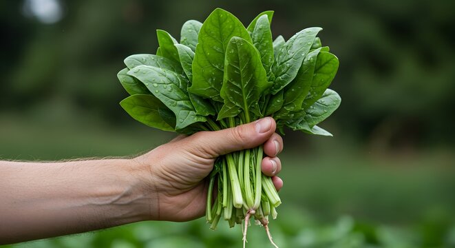 Fresh spinach bunch in hand