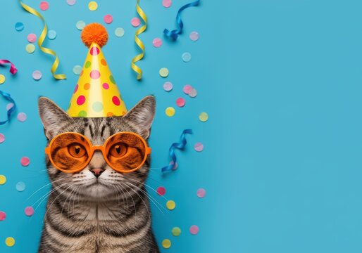 Cute tabby cat wearing orange big glasses and a yellow festive hat with colorful confetti and ribbons for celebration, birthday party card, invitation banner, or event.