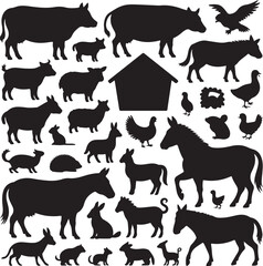Fototapeta premium Diverse farm animals and birds in silhouette horse