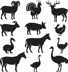 Fototapeta premium Diverse farm and wild animals in black silhouette rooster deer