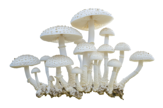 Cluster of White Mushrooms Growing Together on a Dark Background in Natural Setting