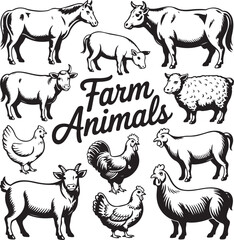 Fototapeta premium Farm Animals Collection Black And White horse sheep