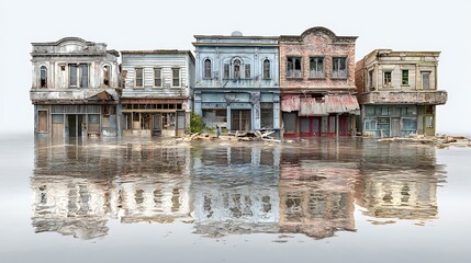 Fototapeta premium Dilapidated abandoned buildings submerged in floodwaters with reflections on the water surface