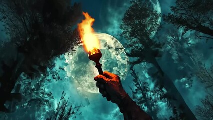 Moonlit forest with anime hand gripping a torch illuminating the darkness at night, In a moonlit forest, an anime hand grips a torch tightly seamless ing background