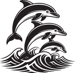 Naklejka premium Three leaping dolphins over stylized waves jumping marine