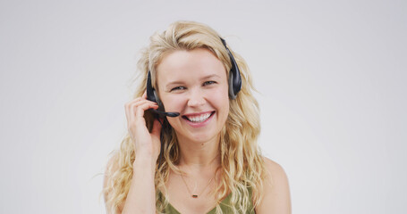 Portrait, woman and headset at call centre in studio for consultation, funny client and contact us....