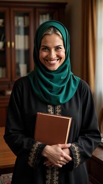 A confident Middle Eastern woman in an emerald green hijab gracefully holds a book, radiating warmth, wisdom, and elegance in this verticle footage.