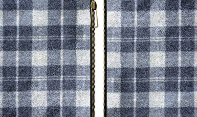 Fleece fabric texture with checkered pattern and zipper opened. Unzipped zipper or fastener. Open...