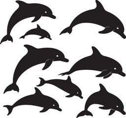 Fototapeta premium Black silhouettes of dolphins swimming and leaping marine mammal