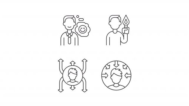 Human resources line animation set. Employees animated icons. Career development, growth. Customer centricity, marketing. Outline elements on white background. HD video with alpha channel