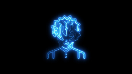 Blue neon avatar illustration of a person with unique hair outline on a black background