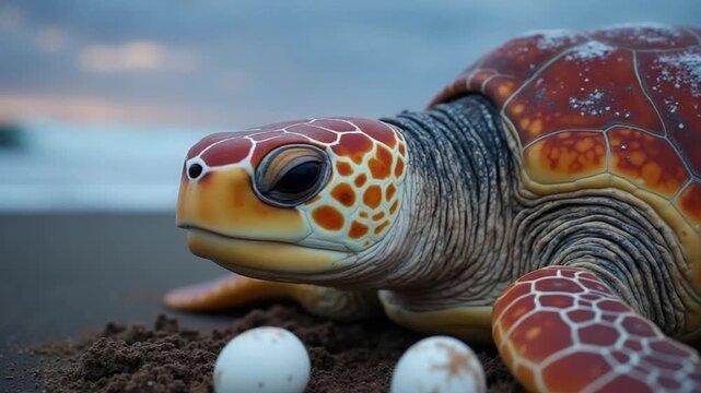 Sea turtle laying eggs on a beach at dusk with a tranquil scene