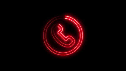 Red neon phone symbol illuminated against a dark black background for communication concepts