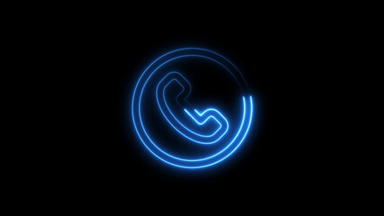 Glowing neon blue telephone icon against a black background communicating digital contact