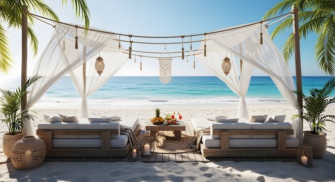 A luxurious beach cabana with white drapes, comfortable seating, and a table with fruit, overlooking a turquoise ocean and white sand beach under a clear blue sky.