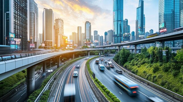 Futuristic Smart City with Highways and Skyscrapers at Sunset
