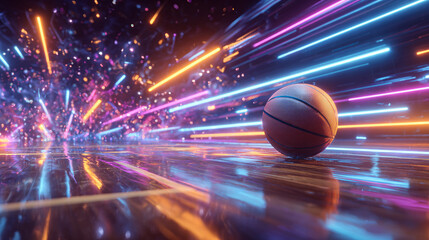 Dynamic Basketball Scene with Neon Streaks, Futuristic Court, and Vibrant Visuals for Impact