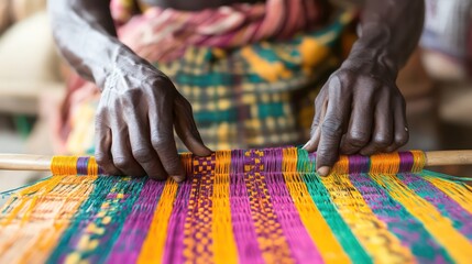Weaver's Hands Crafting Vibrant Kente Cloth on Traditional Loom