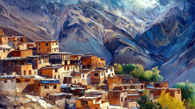 Old traditional village in the Himalaya mountains of Ladakh surrounded by majestic peaks, Old traditional village in HImalaya mountains Ladakh rural countryside of Korzok near Tso Moriri