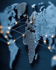 Global network map with connection nodes in dark background 