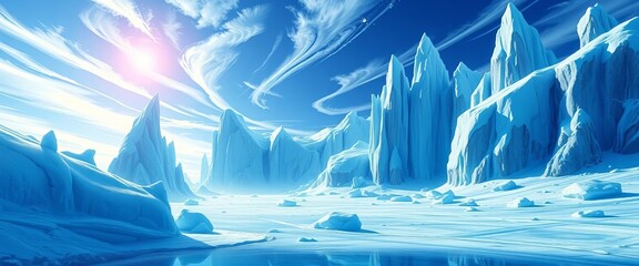Frozen anime landscape; towering ice formations, swirling snow, serene blue sky, mystical glow,  blizzard,  cold