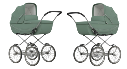 Two vintage baby carriages in a light green hue stand elegantly on a black backdrop, showcasing classic design and baby transport, transparent background