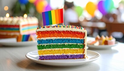 A vibrant slice of rainbow cake topped with white frosting, a miniature pride flag, and surrounded by colorful sprinkles, presented on a white plate in a cozy café setting.