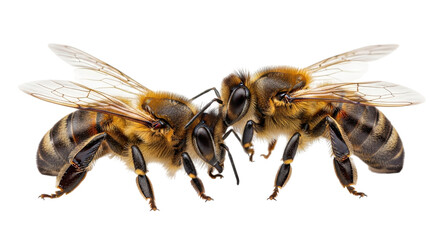 Two detailed honeybees face each other against a stark black backdrop, showcasing intricate wings and striking honey colored bodies, transparent background