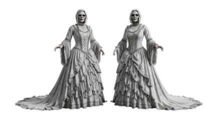 Two spectral ghostly brides in decaying white dresses stand on a solid transparent background, perfect for Halloween and gothic themes.