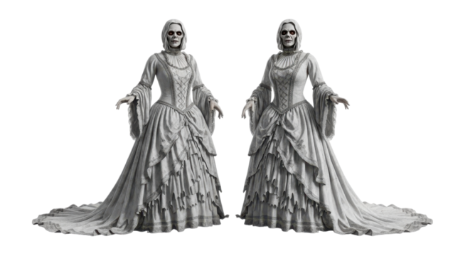 Two spectral ghostly brides in decaying white dresses stand on a solid transparent background, perfect for Halloween and gothic themes.