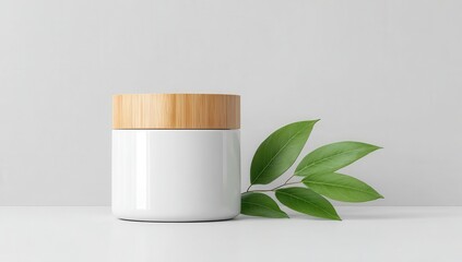 White cosmetic jar with wooden lid, green leaves