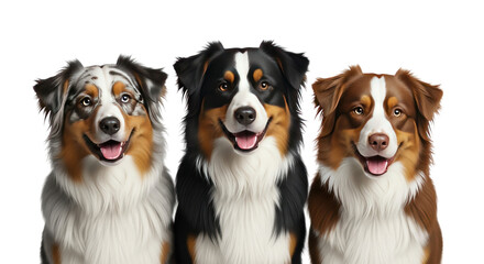 Three beautiful Australian Shepherds pose together against a transparent background, showcasing their unique and colorful coat patterns.